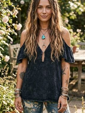 Project Social T Black Cold Shoulder Tee Washed Look Distressed Boho Indie Chic